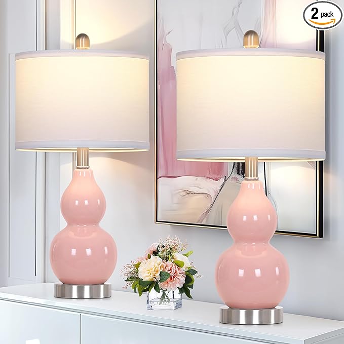 Double Gourd Ceramic Table Lamps Set of 2, Modern Pink Bedside Lamps for Night Stand, Contemporary Nightstand Lamps for Bedroom Living Room (Bulb Included)