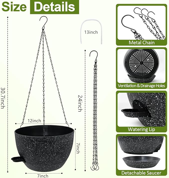WOUSIWER Self Watering Hanging Planters, 2 Pack 12'' Plastic Pots with Drainage Holes & Reservoir Tray (Speckled Black) | Indoor & Outdoor Use for Ferns, Ivy, Herbs, Succulents