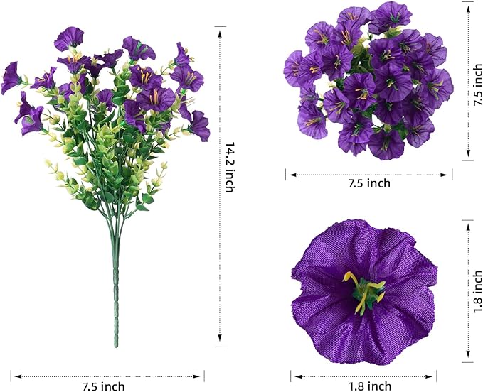 HyeFlora Artificial Flowers for Outdoors Fake Plants Outside Decoration, 12 Bundles Silk Purple Morning Glory with Eucalyptus UV Resistant Look Real Faux Flower for Planter Front Door Porch Patio Yard