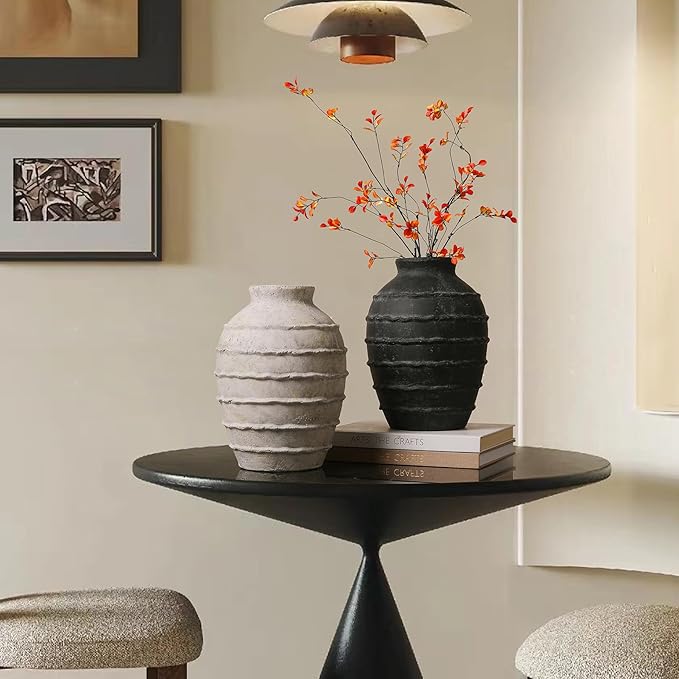 Kokrose Black Terracotta Vase, Black Vases Home Decor for Centerpieces, Large Vintage Rustic Flower Vase for Home Decor, Pottery Ceramic Vases, Table Top Fireplace Mantel Decor