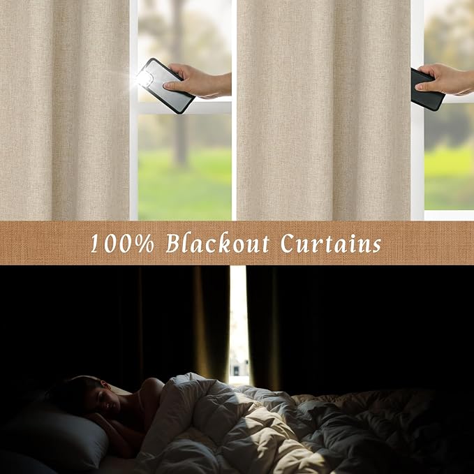 LAMIT 100% Blackout Natural Linen Curtains, 72 Inches Linen Textured Thermal Bedroom Curtains Back Tab and Rod Pocket Neutral Panels with White Liner for Farmhouse, 2 Panels, 52 x 72 Inch