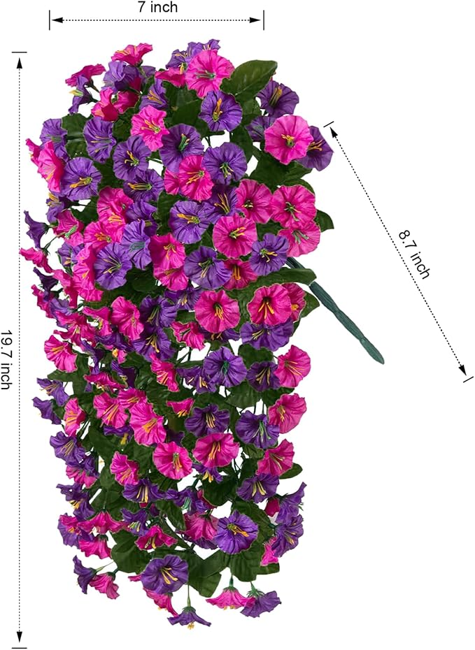 HyeFlora Artificial Fake Hanging Flowers Plants for Outdoor Outside, 2PCS Faux Silk Morning Glory Trailing Vines UV Resistant Look Real for Home Planter Porch Patio (Dark Purple and Fuchsia)