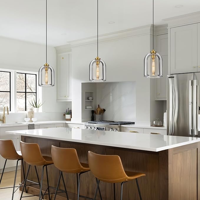 Crystal Pendant Light Kitchen Island: 5.1" Dimmable Vintage Brass Hanging Lights above Dining Table - Modern K9 Crystals Lighting - Luxury Gold Cylinder Pendants Light Fixtures 3000K E12 Bulb Included