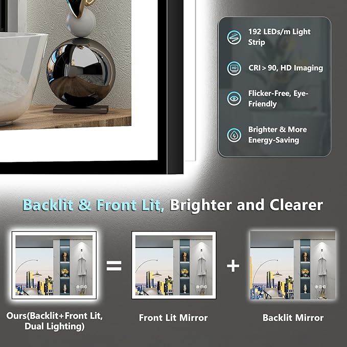 24x30 Black Framed LED Bathroom Mirror with Lights, Backlit + Front Lit, Anti-Fog Lighted Vanity Mirror for Bathroom Wall with 3 Colors, Dimmable, Memory, Tempered Glass, Horizontal/Vertical