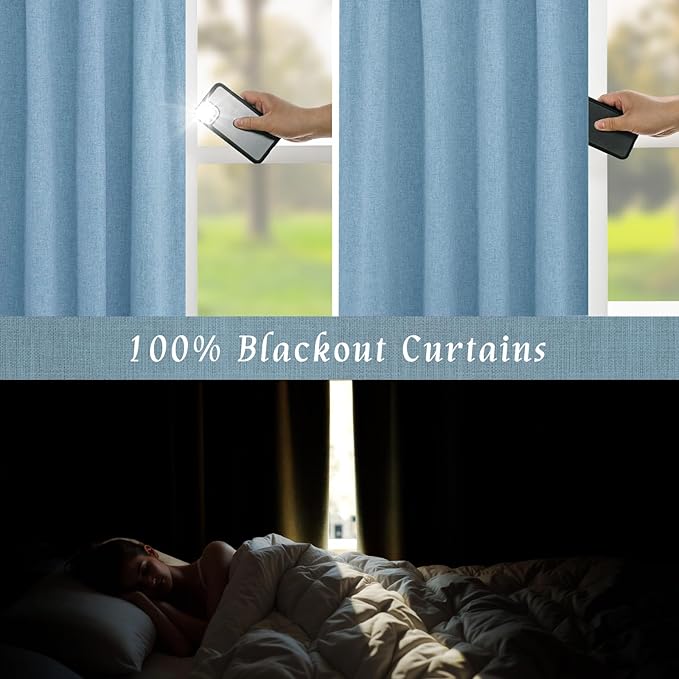 LAMIT Blue 100% Blackout Linen Curtains, 84 Inch Linen Textured Living Room Farmhouse Curtains Room Darkening Back Tab and Rod Pocket Burlap Neutral Panels with White Liner, 2 Panels, 52 x 84 Inch