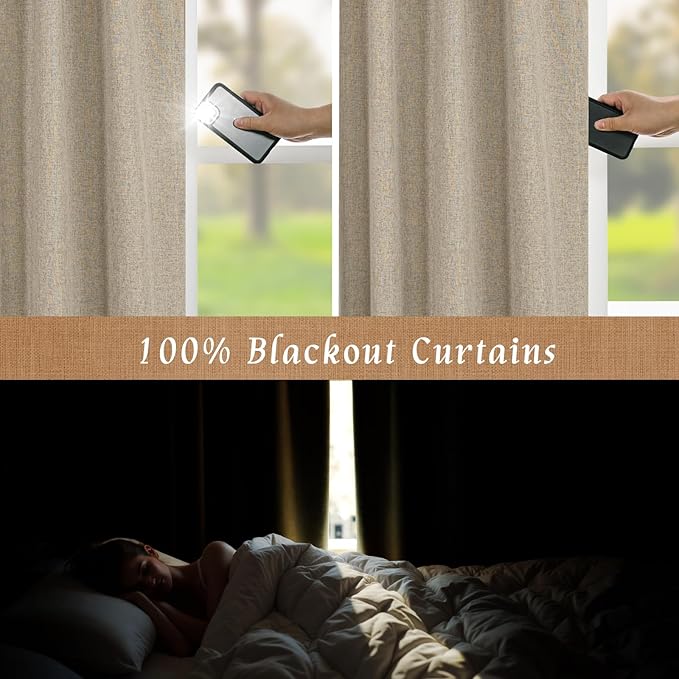 LAMIT 100% Blackout Natural Linen Curtains, 78 Inches Linen Textured Thermal Bedroom Curtains Back Tab and Rod Pocket Neutral Panels with White Liner for Farmhouse, 2 Panels, 52 x 78 Inch, Taupe