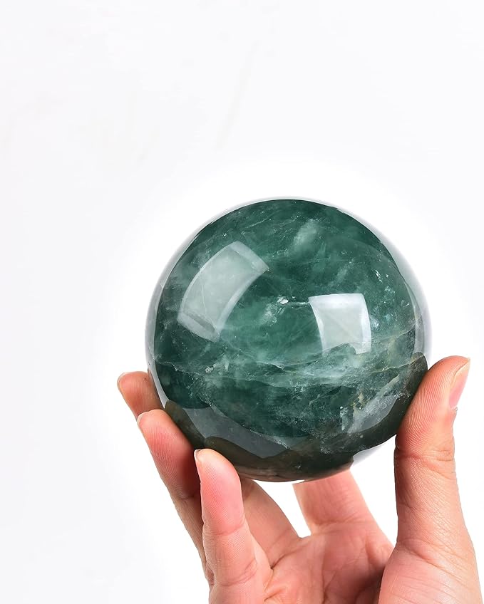 JIC Gem Big Green Quartz Crystal Ball Green Fluorite Healing Gemstone Sphere with Decorative Wooden Stand for Meditation,Home Decoration (80-90mm)