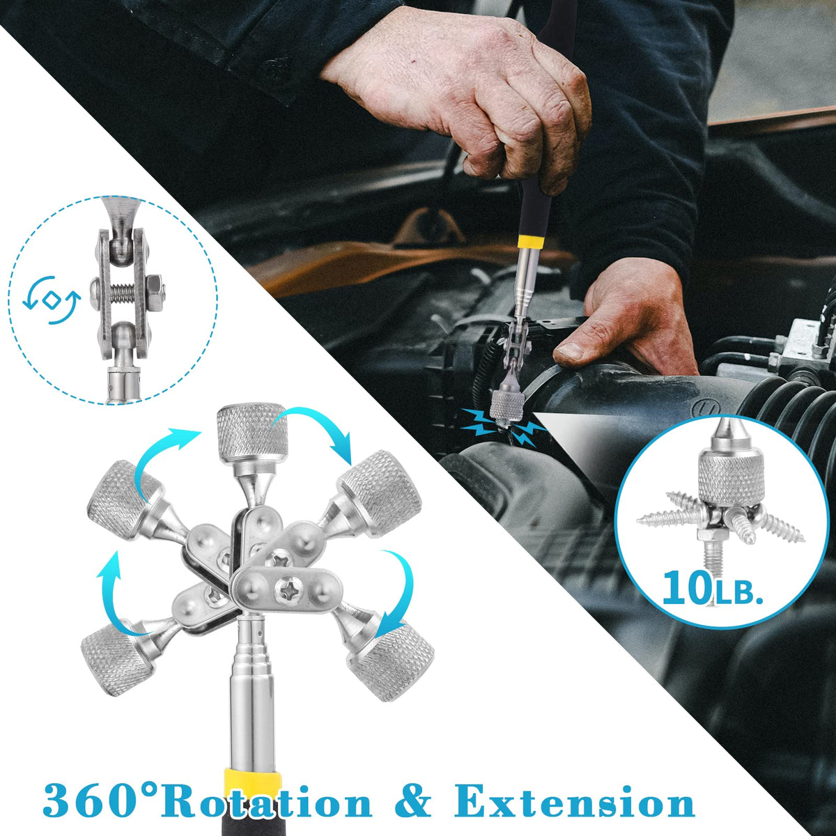Rechabite 5 Pieces Telescoping Magnetic Pickup Tool Set, 1.5LB 15LB Pick-up Rod, 3.5LB 8LB Tools with LED Light, 10LB 360° Swivel Picker, Strong Magnet Stick Kit for Men Father Gift