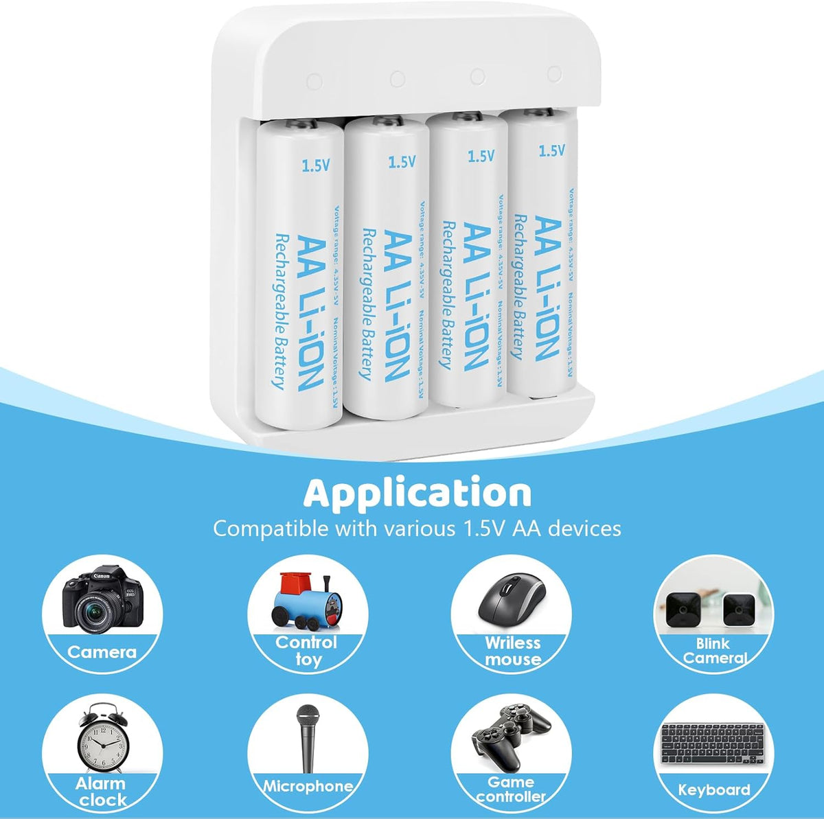 winbasic 1.5V (4-Bay 3600mWh (4 Pack) Rechargeable Lithium AA Batteries with Charger Independent Slot), Long Lasting