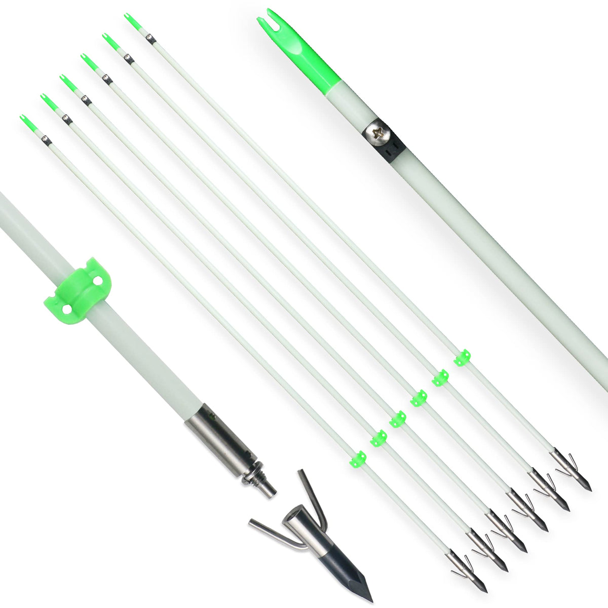 TIGER ARCHERY 34inch Bowfishing Arrows Solid Fiberglass Shaft with Broadhead for Compound Bow and Recurve Bow Fishing Arrow Archery and Hunting (Pack of 6) (White)