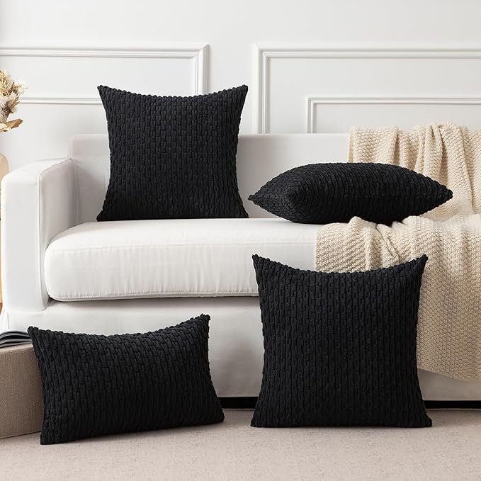 Kevin Textile 2 Packs Decorative Pillow Covers for Couch Outdoor Pillows Cover Boho Striped Velvet Pillow Covers Set of 2 40cm x 40cm 16 x 16 Inch Black
