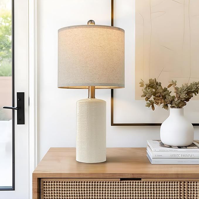 20.25" Small Single Table Lamp for Bedroom Modern Ceramic Nightstand Lamp Farmhouse Bedside Lamp Boho Living Room Lamp White End Side Table Lamp