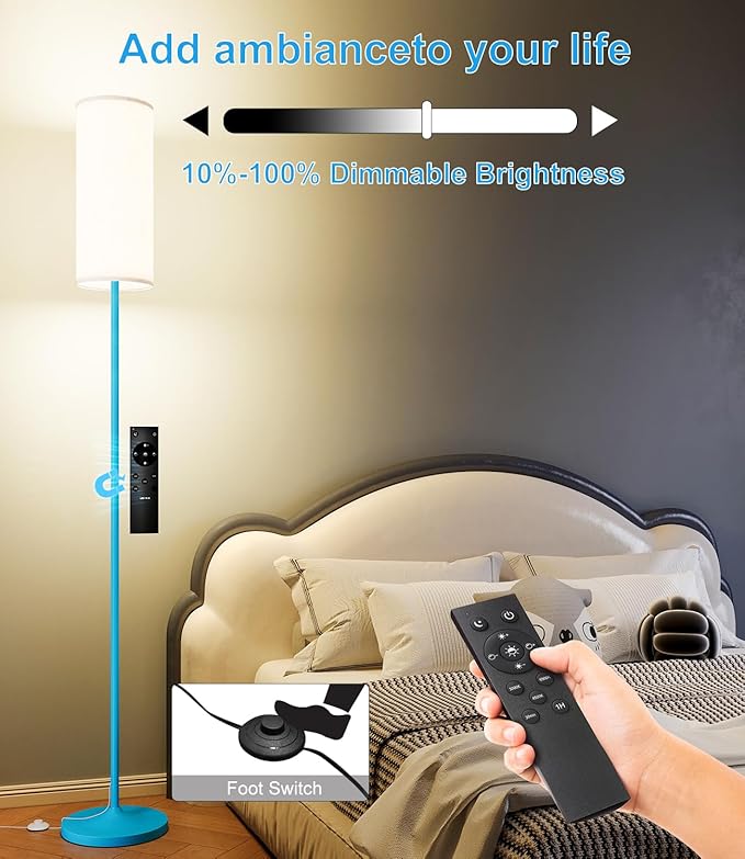 luckystyle LED Floor Lamp for Living Room, DimmableTall Lamps with Foot Switch,Remote Custom Color Temperature Blue Pole Lamp with Lampshade,12W Led Bulb Standing Lamps for Bedroom Office Kid Room