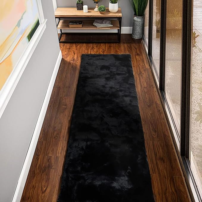 Fluffy Black Fuzzy Faux Rabbit Washable Shaggy Fur Rug for Living Room Bedroom Rugs Runners Rugs for Hallway 2x10 Nursery Rug