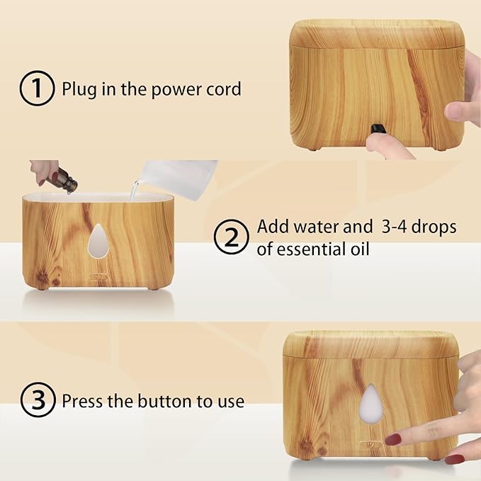 Flame Diffuser for Essential Oils, 200ml Ultrasonic Aroma Diffusers with Cool Mist, Aromatherapy Diffuser with Auto-Off Protection, Small Humidifier for Home,Office,Bedroom,Gift (Wooden Grain)