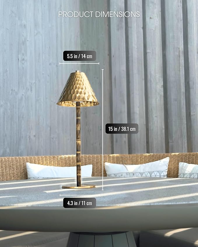 Bamboo Cordless LED Table Lamp – Rechargeable 24-Hour Battery, Dimmable Warm Light, 15" Portable Wireless Lamp with Remote for Indoor/Outdoor Use, Home, Patio, Restaurant – Textured Gold