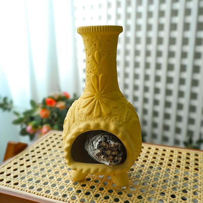 Yellow Floral Reliefs Palo Santo Burner Holder-Mexican Mini Chiminea Inspired,Chimney for Smudging Sage/Incense Cones/Sticks for Altar/Zen Rituals, Handmade Decor for Witchcraft Supplies