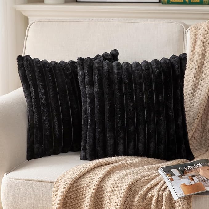 DEELAND Pack of 2,Double-Sided Faux Fur Plush Decorative Throw Pillow Covers Fuzzy Striped Soft Pillowcase Cushion Covers for Sofa Couch Bedroom Black 20x20 inch