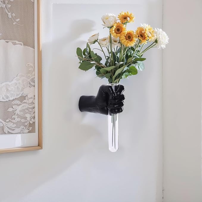 Black Hand Vase Wall Decor - Funky Art, Hand Sculpture Planter, Esculturas de Pared, Macetas para Pared, Flower Tubes, Test Tubes for Plants, Gothic Bedroom Wall Art, Mounted Vase Hanging Decor
