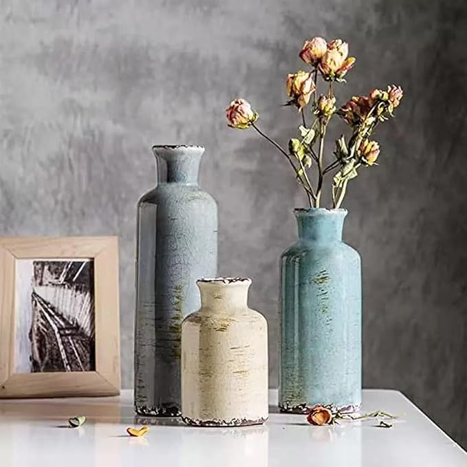 Small Ceramic Vase Set of 3,Small Flower Vase for Home Decor,Rustic Farmhouse Vases for Living Room,Table Shelf,Centerpieces,Fireplace and Entrance,Decorative Vases for Flowers Three Colors