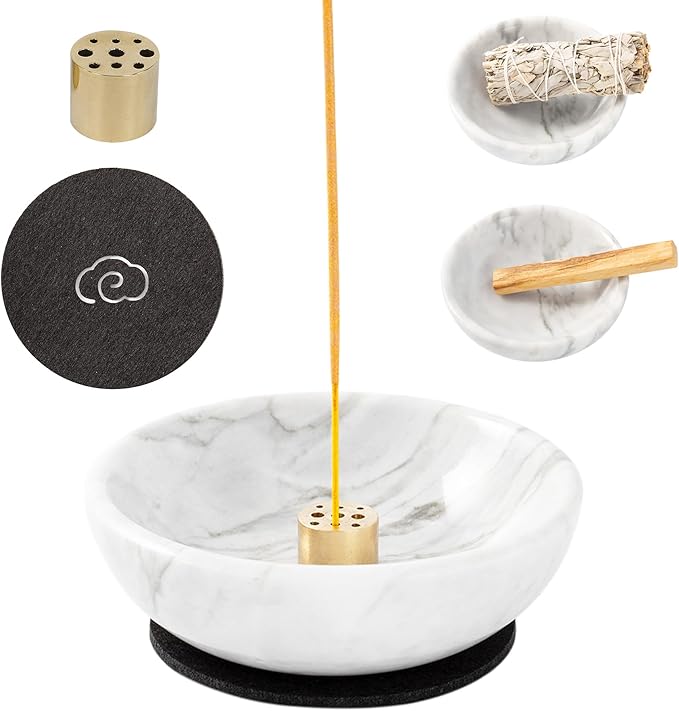 4 in 1 Incense Burner, Marble Palo Santo Holder, Smudge Bowl for White Sage, Sage Holder Incense Cone Holder 4.7 inches Ash Catcher Tray for Meditation