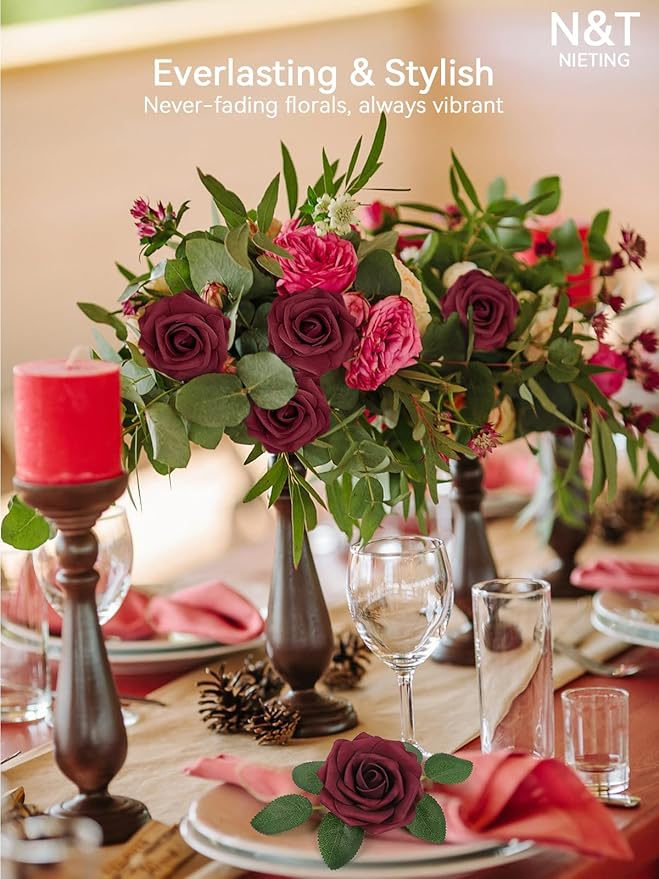 N&T NIETING Artificial Flowers - Fake Flowers Dark Red Roses Perfect DIY Wedding Bouquets Centerpieces Bridal Shower Party Home Flower Arrangement Decorations, 50Pcs