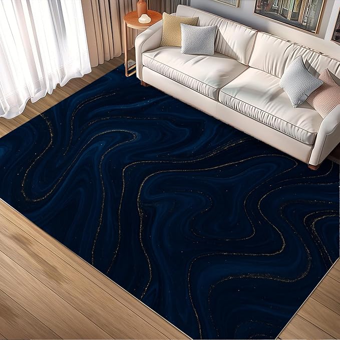 Luxury Marble Rug - 2x6 Runner Rug, Navy Blue Marble Runner Carpet, Modern Abstract Entryway Rugs, Washable & Non Slip Carpet Home Decor