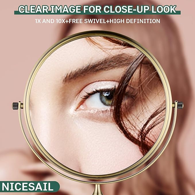 Nicesail Tabletop Makeup Mirror, Double-Side 1X-10X, 360 Swivel Magnifying Mirror for Table Desk Make up Vanity, No Light Antique Bronze (8 Inch, 10X)