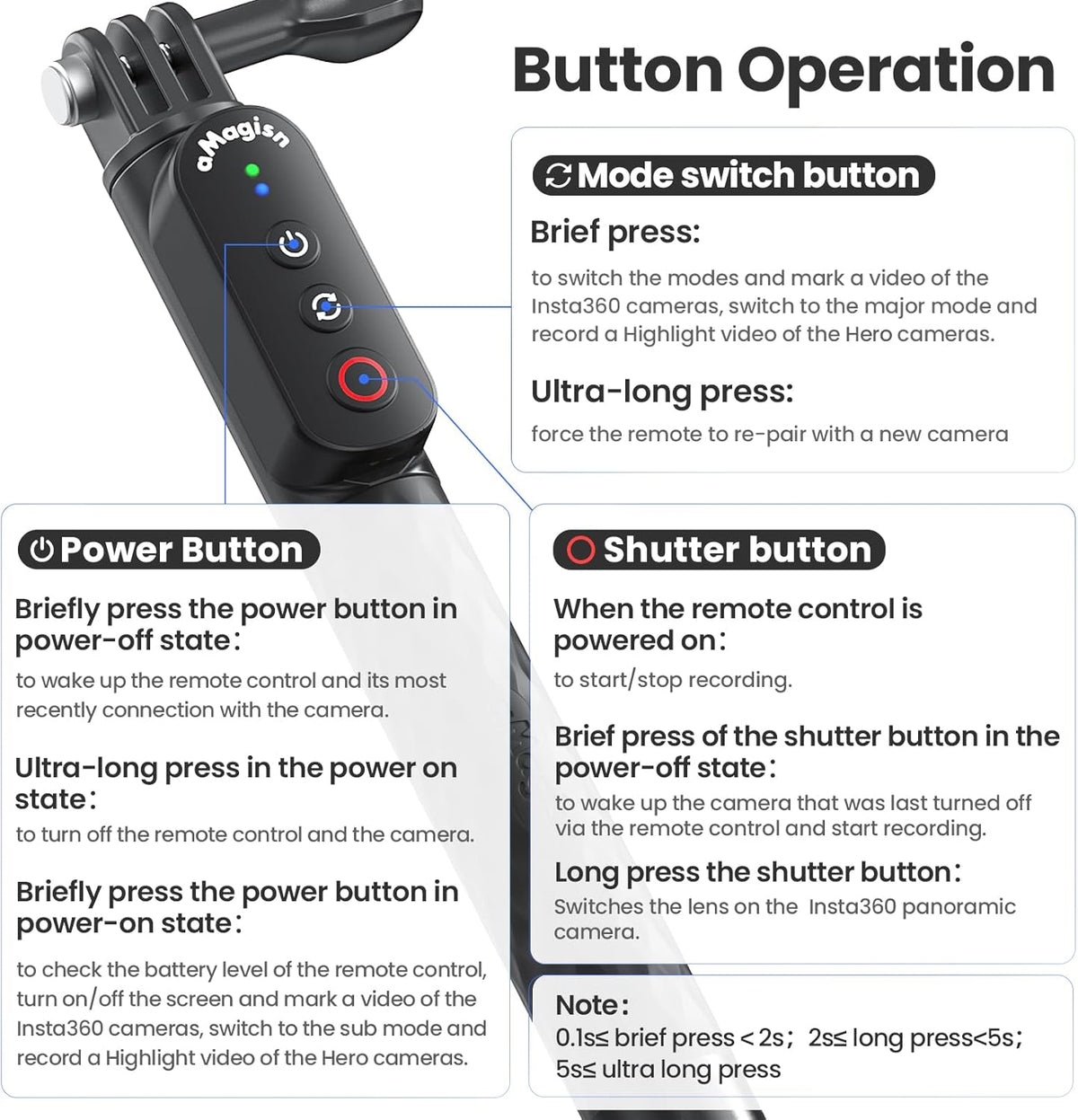 Aovee 100CM Insta360/Gopro Remote Control Selfie Stick Rechargeable Waterproof Stretchable Compatible with Action