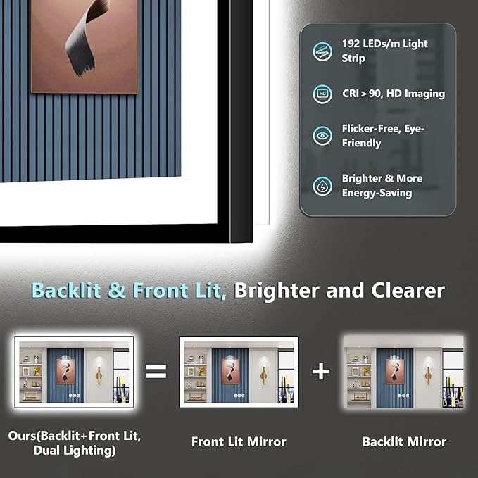 57x36 Black Framed LED Bathroom Mirror with Lights, Backlit + Front Lit, Anti-Fog Lighted Vanity Mirror for Bathroom Wall with 3 Colors, Dimmable, Memory, Shatter-Proof, HD Tempered Glass