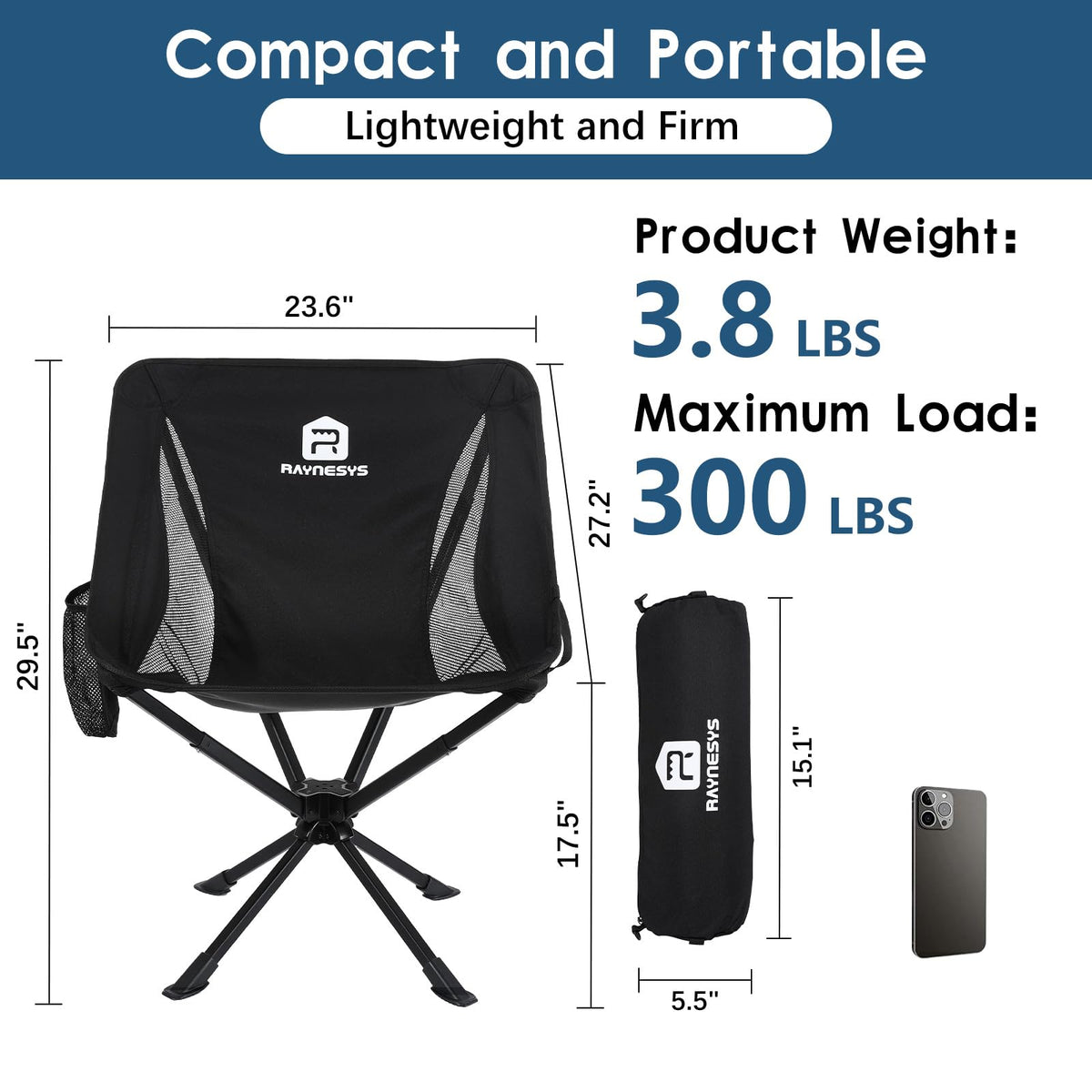 Raynesys Portable Swivel Camping Chair, 8 Seconds Quick Setup Easy Carry