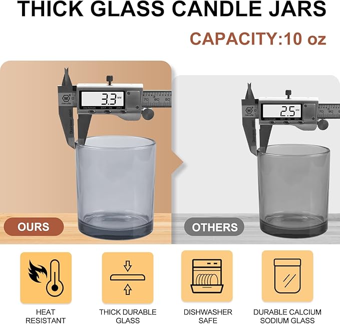 10 OZ Thick Candle Jars for Making Candles 15 Pcs, Empty Jars with Wood Lids for Candle Making, Sample Container, Grey