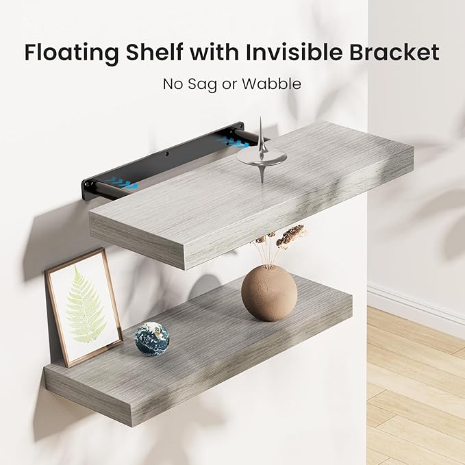 AMADA HOMEFURNISHING Floating Shelves, Wall Shelves for Bathroom/Living Room/Bedroom/Kitchen Decor, Grey Shelves with Invisible Brackets Set of 3 - AMFS07G