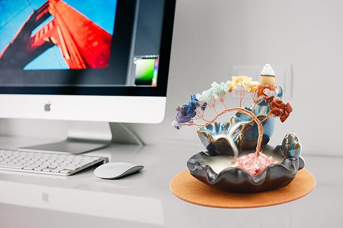 Chakras Backflow Incense Burner, Crystal Tree Incense Waterfall Fountain, Cone Incense Holde, Living Room Shelf Aesthetic Decor