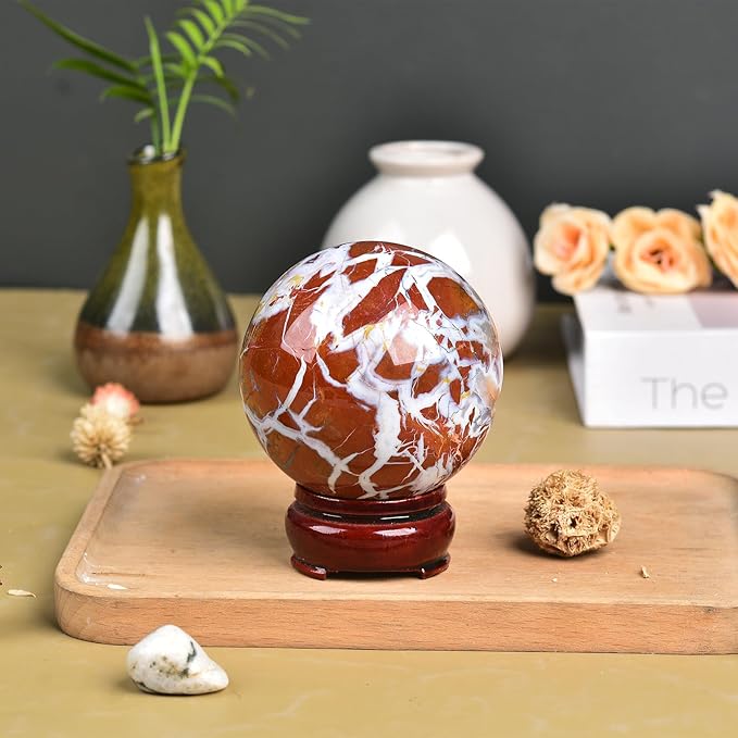 JIC Gem Natural Healing Crystal Sphere Ball Yellow Agate Crystal Decorative Ball with Display Stand Chakra Meditation Fengshui (60-70mm)