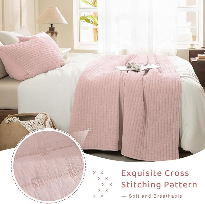Sanracie Cotton Quilt Set King Size(110"x98"), Light Pink Ultra Soft Stonewashed Crinkle Quilt Bedspread Set 3Pcs Cross Stitch Pattern Lightweight Breathable Bed Coverlet Set for All Season