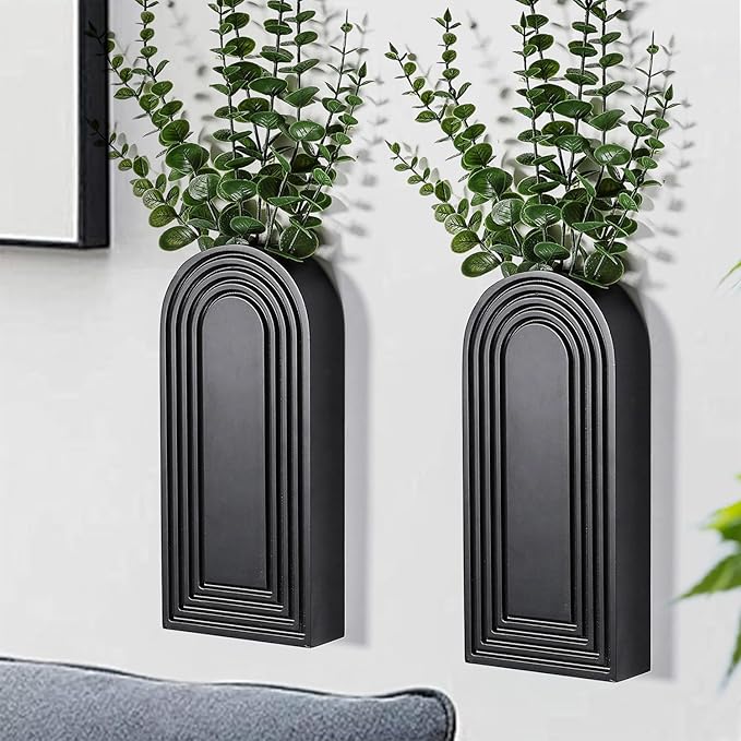 2 Pack Wooden Wall Vase Set - Black Finish Modern Farmhouse & Boho Wall Decor for Entryway, Hallway, Bathroom, Living Room, Dining Room, Narrow Spaces