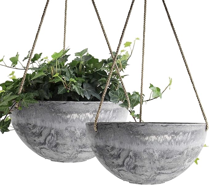 LA JOLIE MUSE Hanging Planter Flower Plant Pots - 9.84 Inch Indoor Outdoor Balcony Patio Hanging Basket Set of 2, Marble Pattern