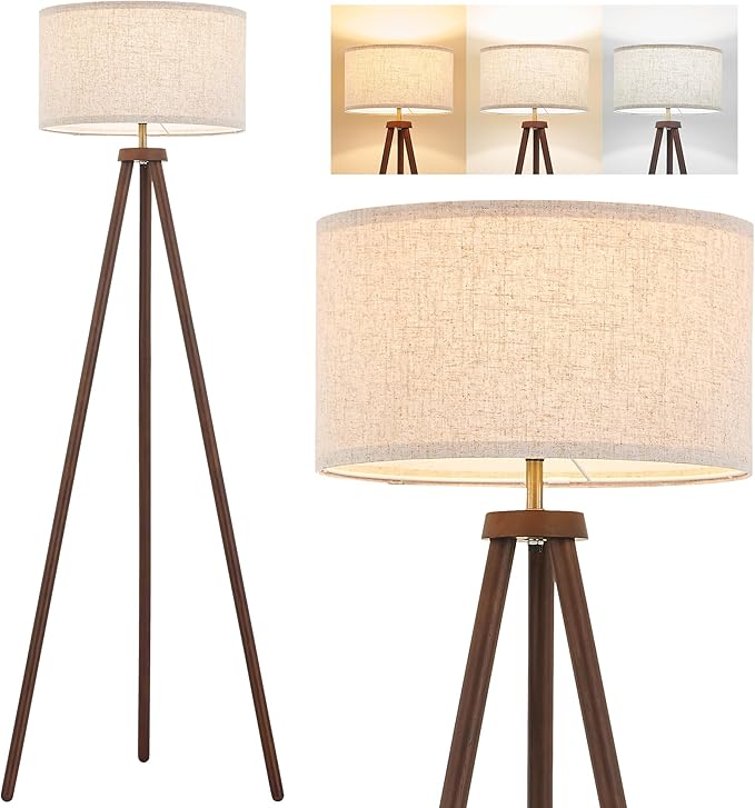 ELYONA Wood Tripod Floor Lamp Brushed Brass Metal & 3 Color Temperatures LED Bulb Vintage Wooded Standing Lamp Industrial Tall Light for Living Room Bedroom Office Beige Linen Shade Dark Brown & Gold