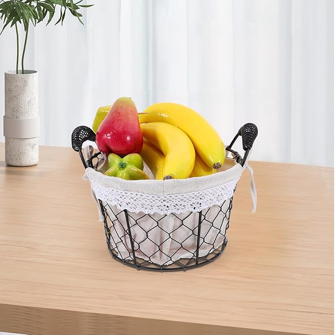 Housoutil Wire Basket with Fabric Liner and Handle, Rustic Metal Storage Basket for Bread, Candy, and Fruit, Multi-use Organizer for Kitchen and Table Decor