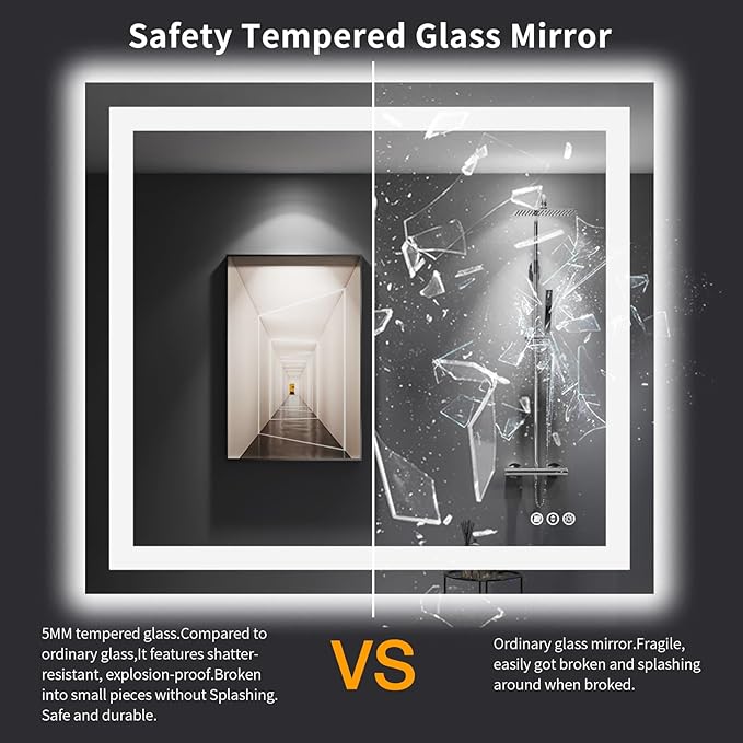LOAAO 40"X36" LED Bathroom Mirror with Lights, Anti-Fog, Dimmable, Backlit + Front Lit, Lighted Bathroom Vanity Mirror for Wall, Memory Function, Tempered Glass, Shatter-Proof, ETL Listed