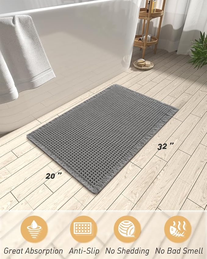 AMOAMI Upgraded Waffle Bath Mat, Super Absorbent Non Slip Bath Mats for Bathroom Floor, Machine Washable Bathroom Rugs with Tassels, Rubber Backed Bathroom Mats, Ultra Soft, 20" x 32", Dark Grey