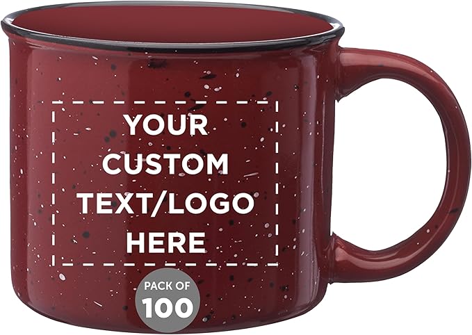 DISCOUNT PROMOS Custom Ceramic Campfire Coffee Mugs 13 oz. Set of 100, Personalized Bulk Pack - Perfect for Tea, Espresso, Cappuccino, Hot Cocoa - Maroon