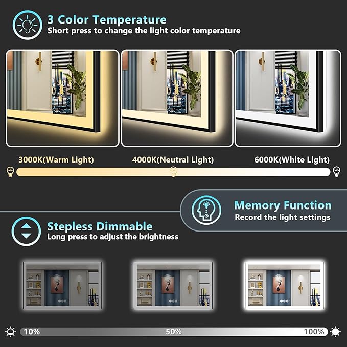 60x36 Inch Black Framed LED Bathroom Mirror with Lights, Backlit & Front Lit, Anti-Fog Lighted Vanity Mirrors for Bathroom Wall, Dimmable, 3-Color Light, Memory, Shatter-Proof, Tempered Glass