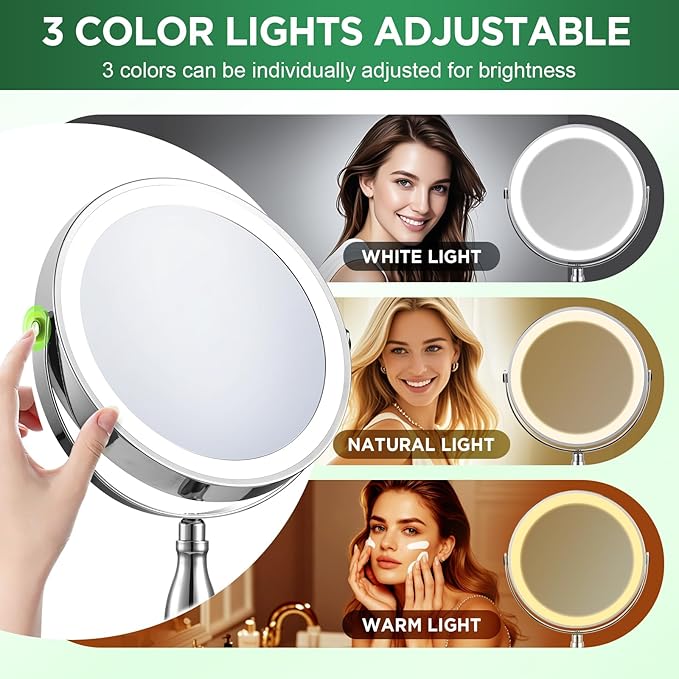30x Magnifying Mirror, Lighted Makeup Mirror with 3 Colors Modes & Adjustable Brightness, 5000mAh Rechargeable, 360° Rotation Double Side, Large Magnifying Vanity Mirror, Gifts for Women