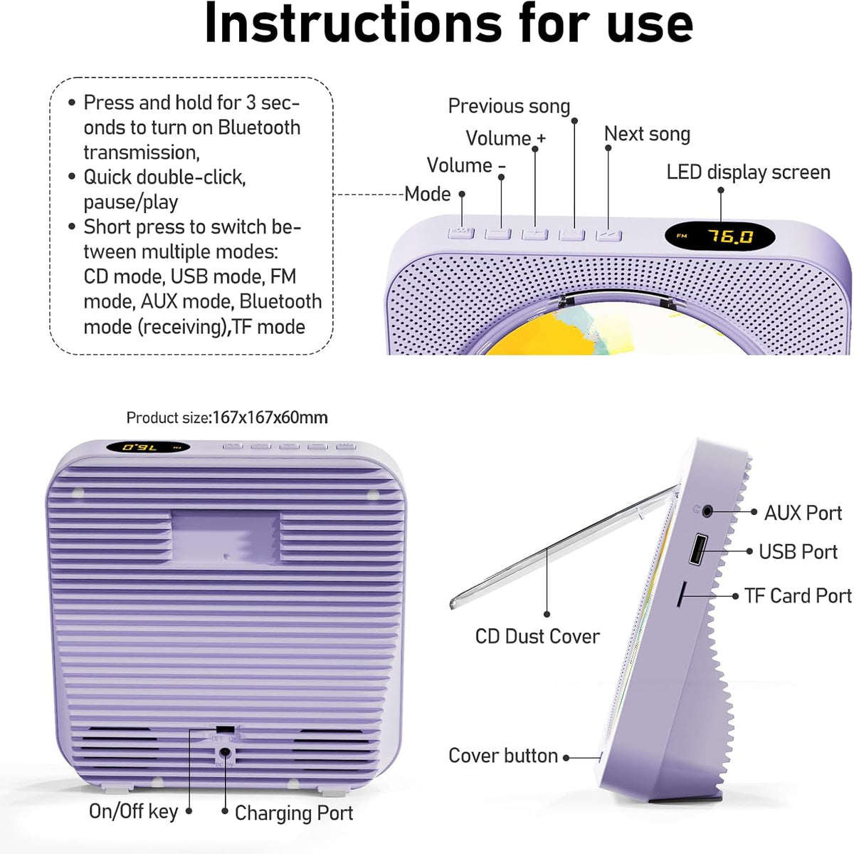 ZYOKATA 5.1 CD Player Portable Bluetooth Desktop CD Player with HiFi Sound Speakers,Remote Control,Dust Cover,LED