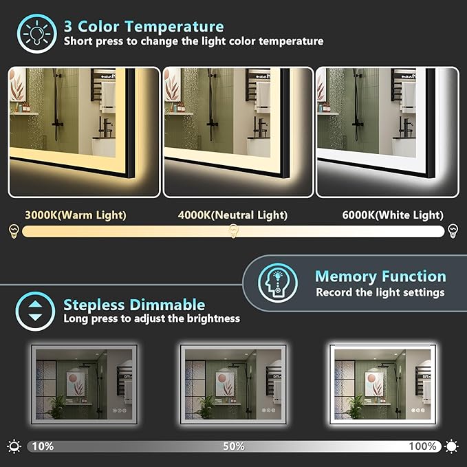 48x38 Black Framed LED Bathroom Mirror with Lights, Backlit + Front Lit, Anti-Fog Lighted Vanity Mirror for Bathroom Wall with 3 Colors, Dimmable, Memory, Tempered Glass, Horizontal/Vertical