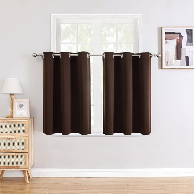 ChrisDowa Small Window Curtains for Kitchen and Bedroom - Grommet Short Thermal Insulated Room Darkening Curtains (2 Panels, Brown, 42 x 36 Inch)