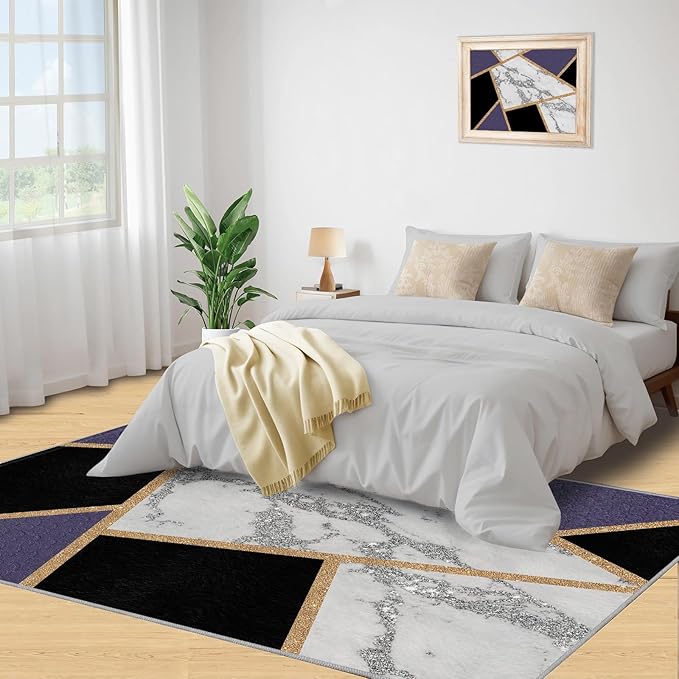Black Gold Marble Area Rugs Geometric Marble Area Rug Modern Minimalist Carpet Irregular Geometric Patchwork Carpet Low Pile Non-Slip Rug for Living Room 8x10ft