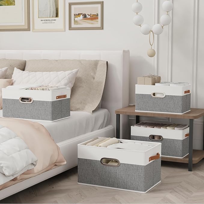 Yawinhe Fabric Storage Baskets, Foldable Closet Organizer for Shelves, Large Boxes with 3 Handles, Canvas Bins for Clothes, White/Grey, 12.99''Lx9.05''Wx7.87''H, 2-Pack